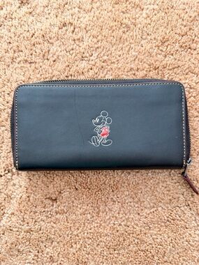 Coach Black Leather Zip-Around Wallet with Mickey Mouse Detail